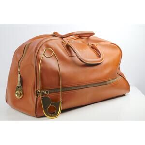 Vintage Cognac Brown Leather Zipper Duffle Bag Weekender Travel Carry On